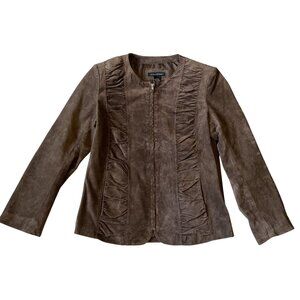 Converge Brown Leather Suede Jacket Size 10 Zip Front Ruched Detail Womens